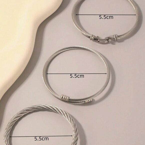 Silver Cable Twisted Wired  Bracelet  Three pieces Set Silver  Plated - Picture 5 of 6